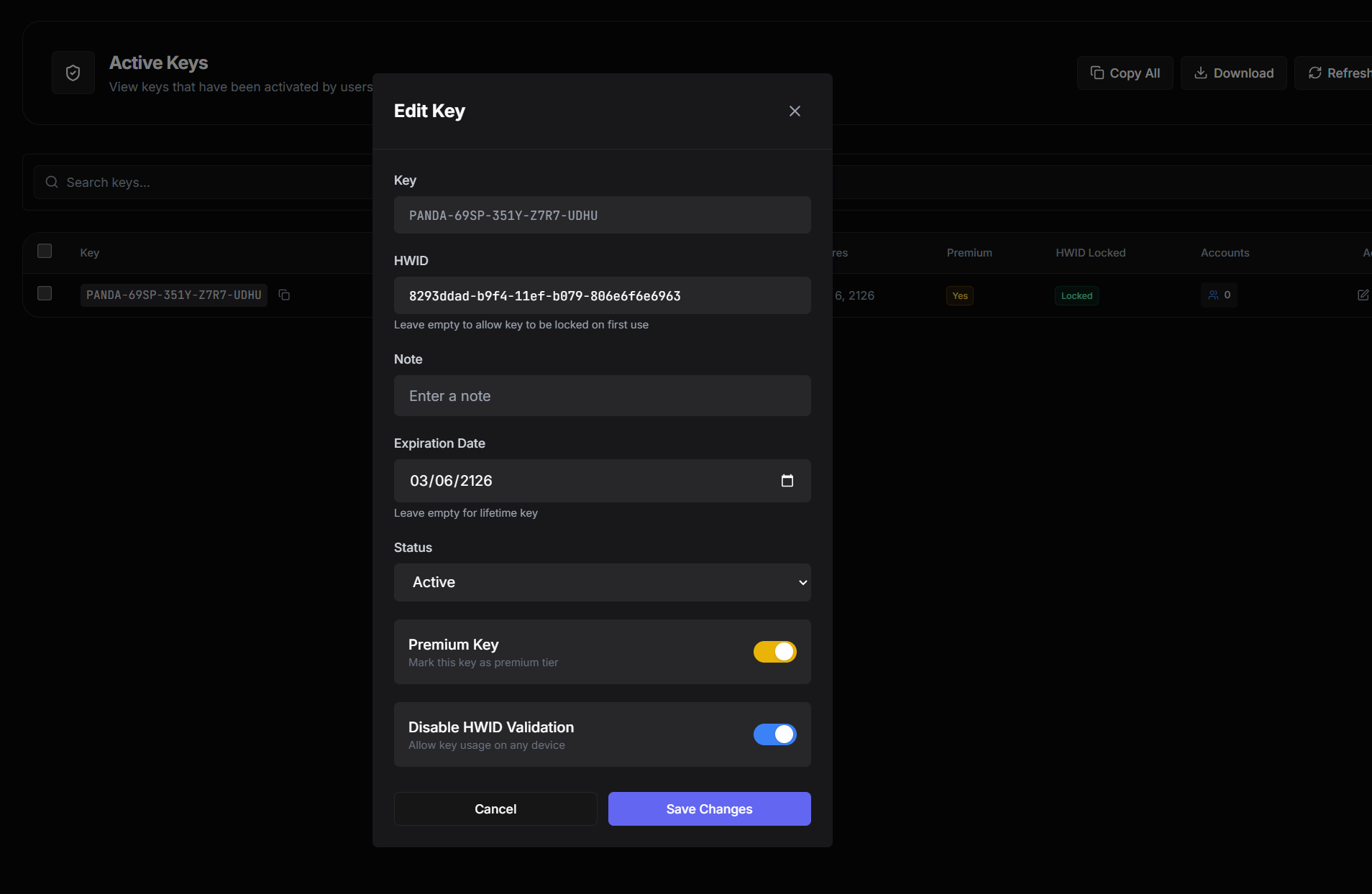 Active Key edit panel