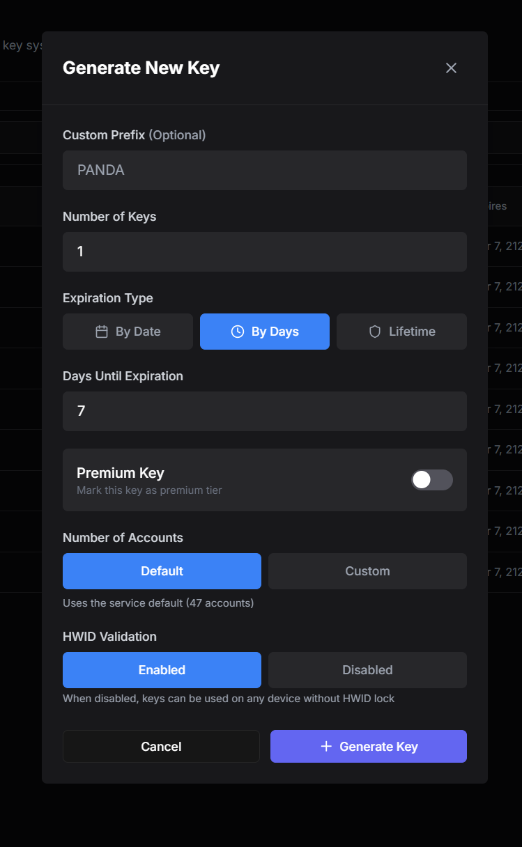 Generate new key form