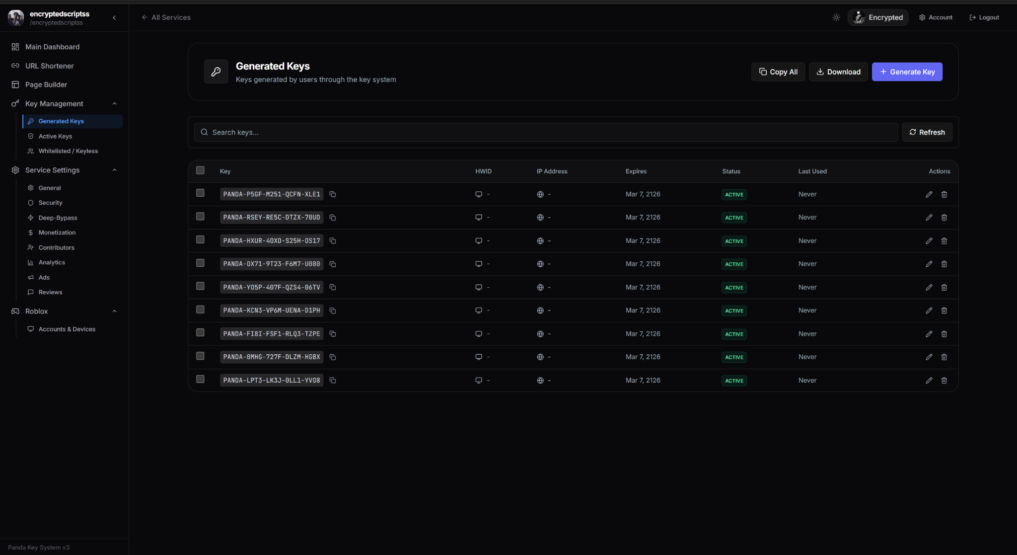 Generated Keys list
