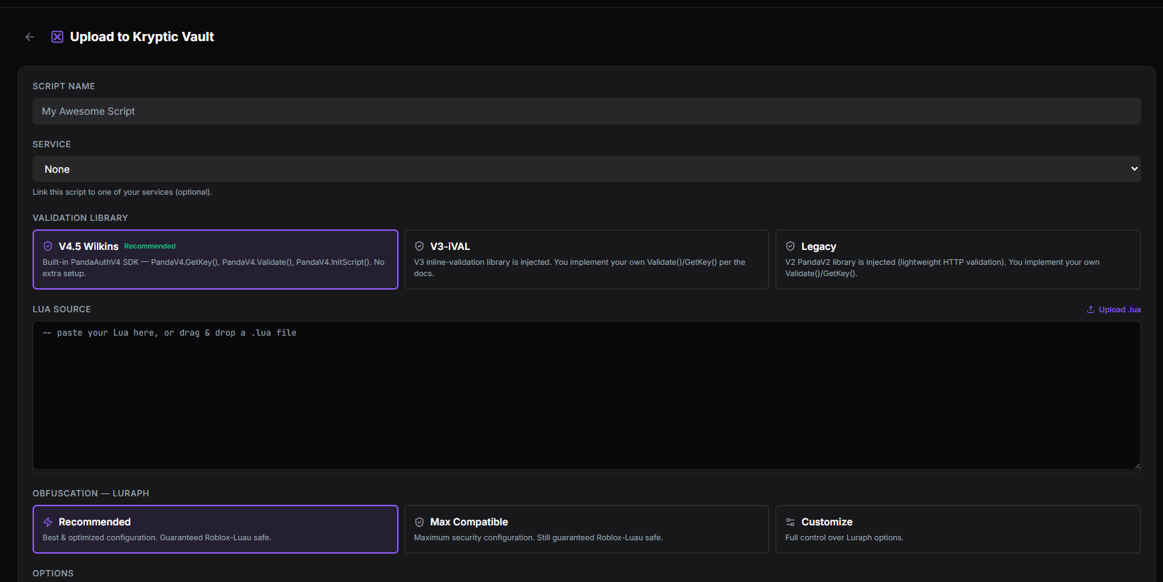 Kryptic Vault upload form