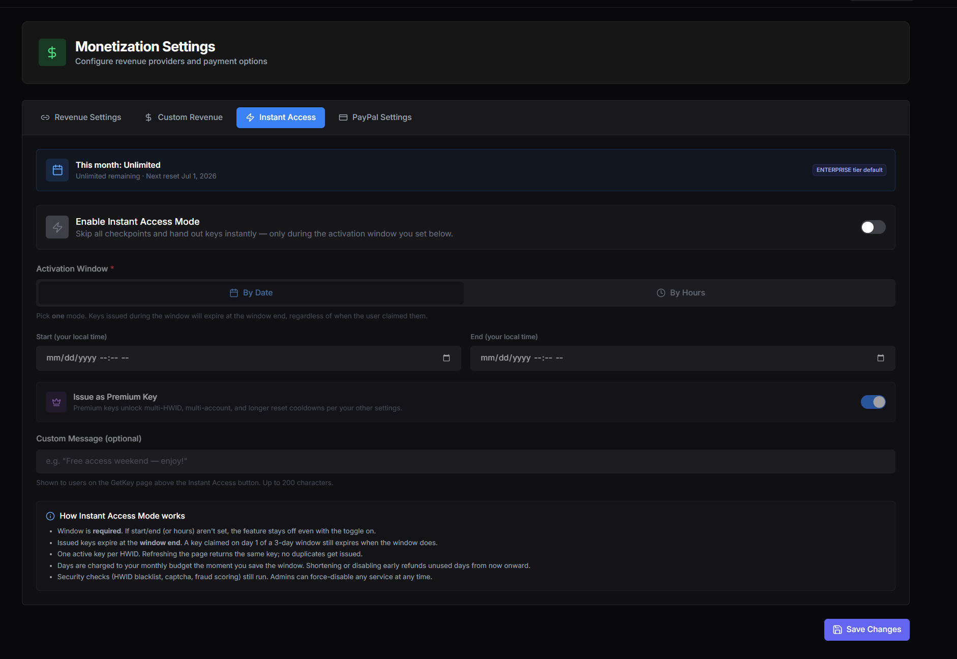 Monetization Settings — Instant Access tab