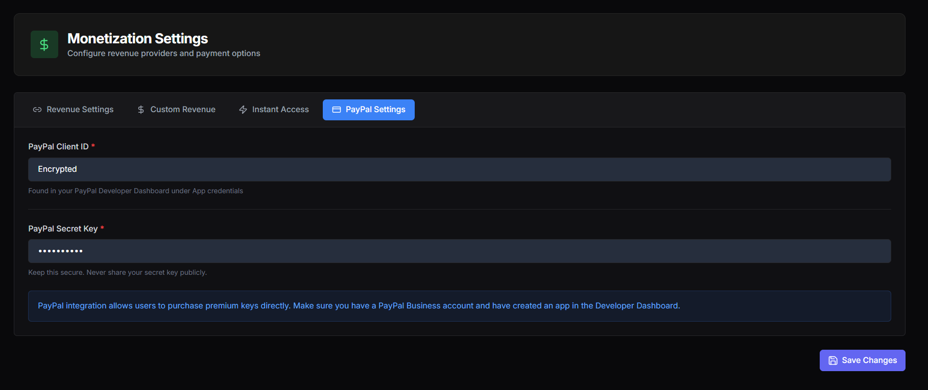 Monetization Settings — PayPal Settings tab