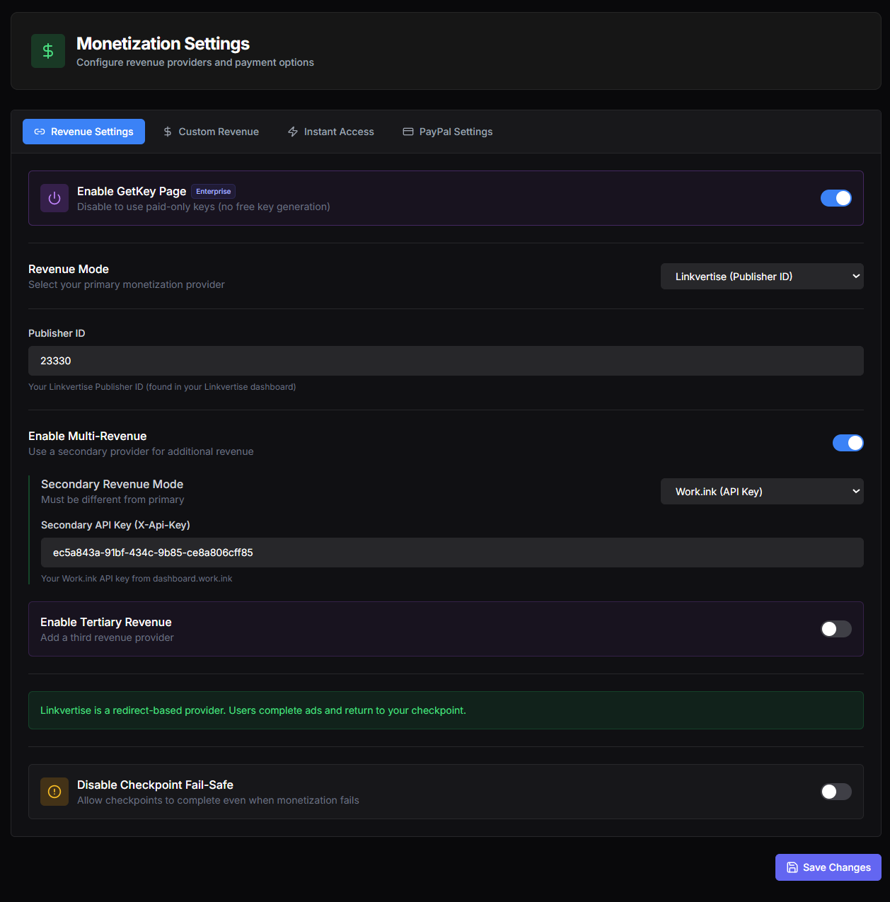 Monetization Settings — Revenue Settings tab