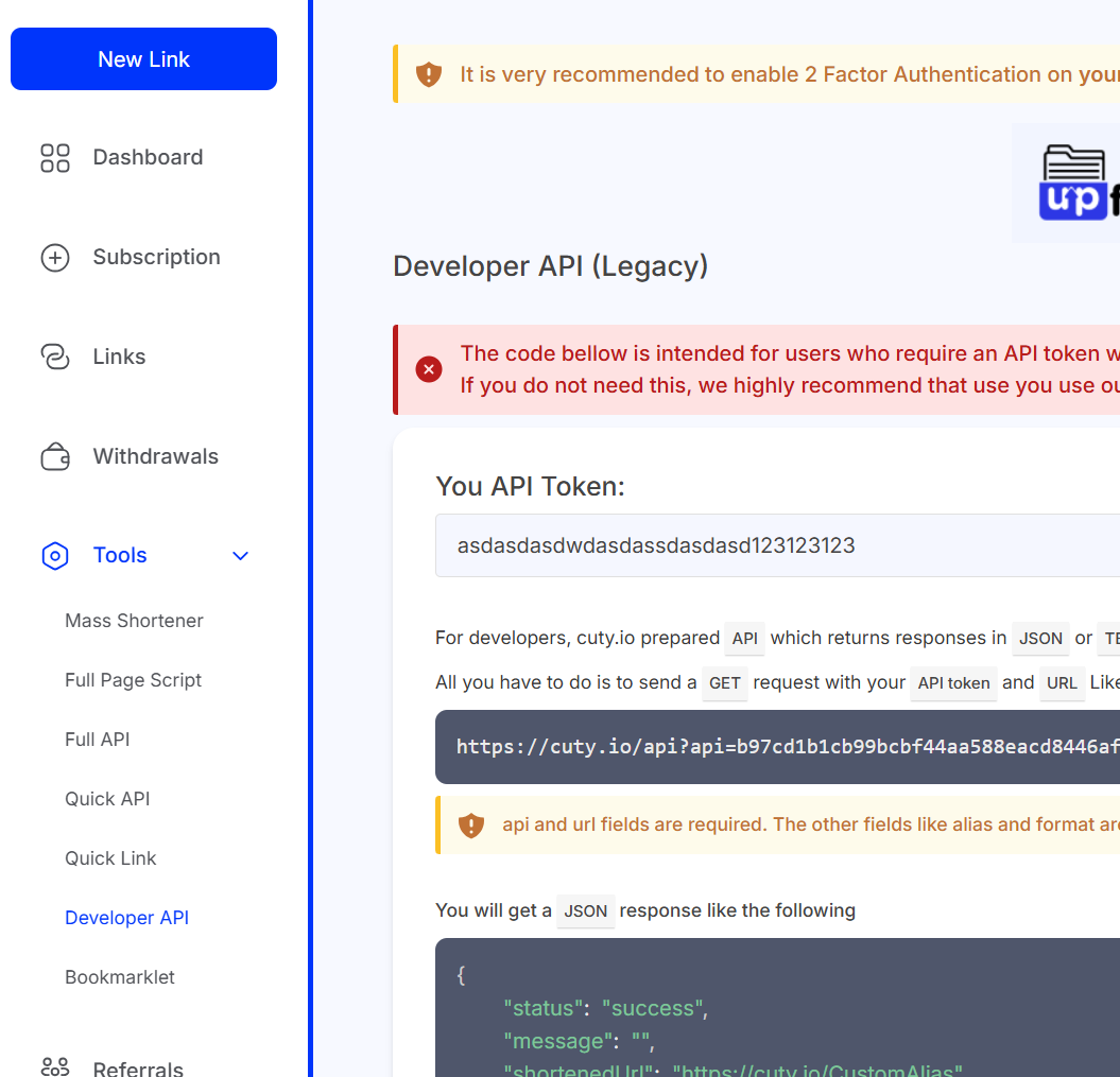 Copy the Cuty.io API Token