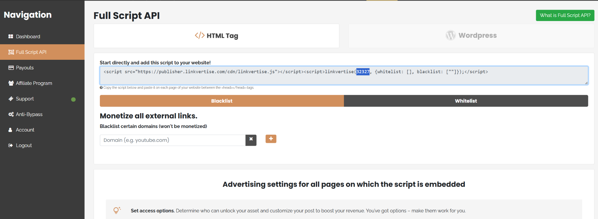 Linkvertise Full Script API page with Publisher ID highlighted