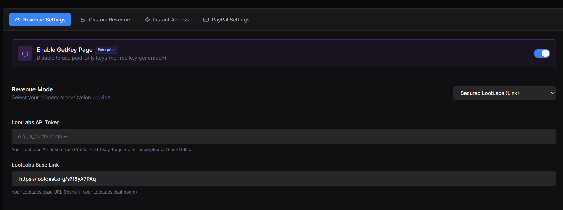 Paste the Lootlabs link into Panda Auth