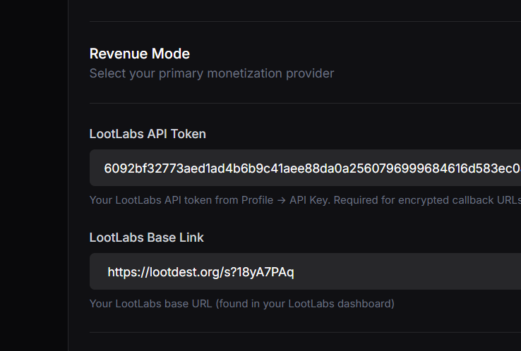 Copy the Lootlabs API token