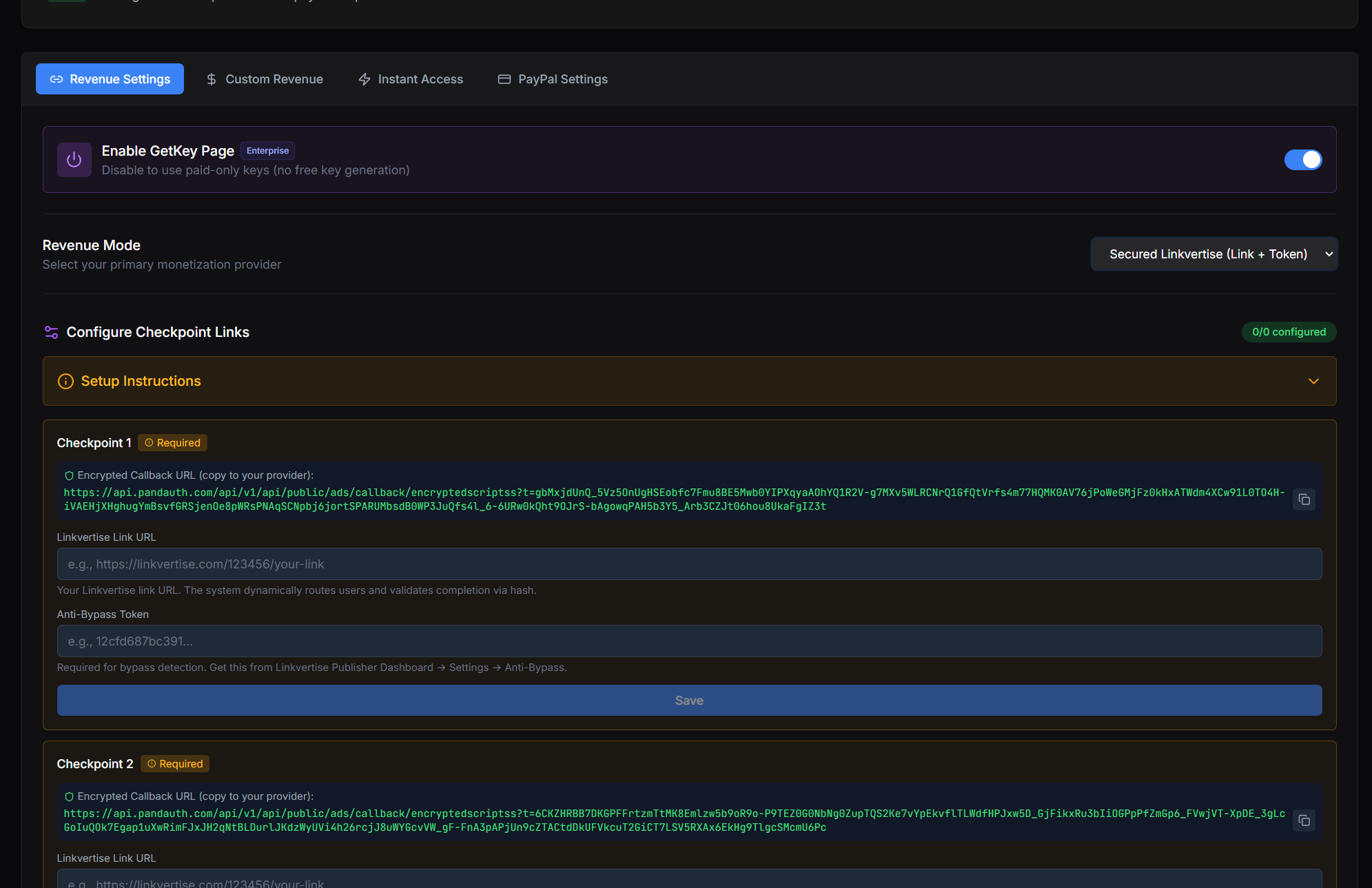 Secured Linkvertise — per-checkpoint configuration overview