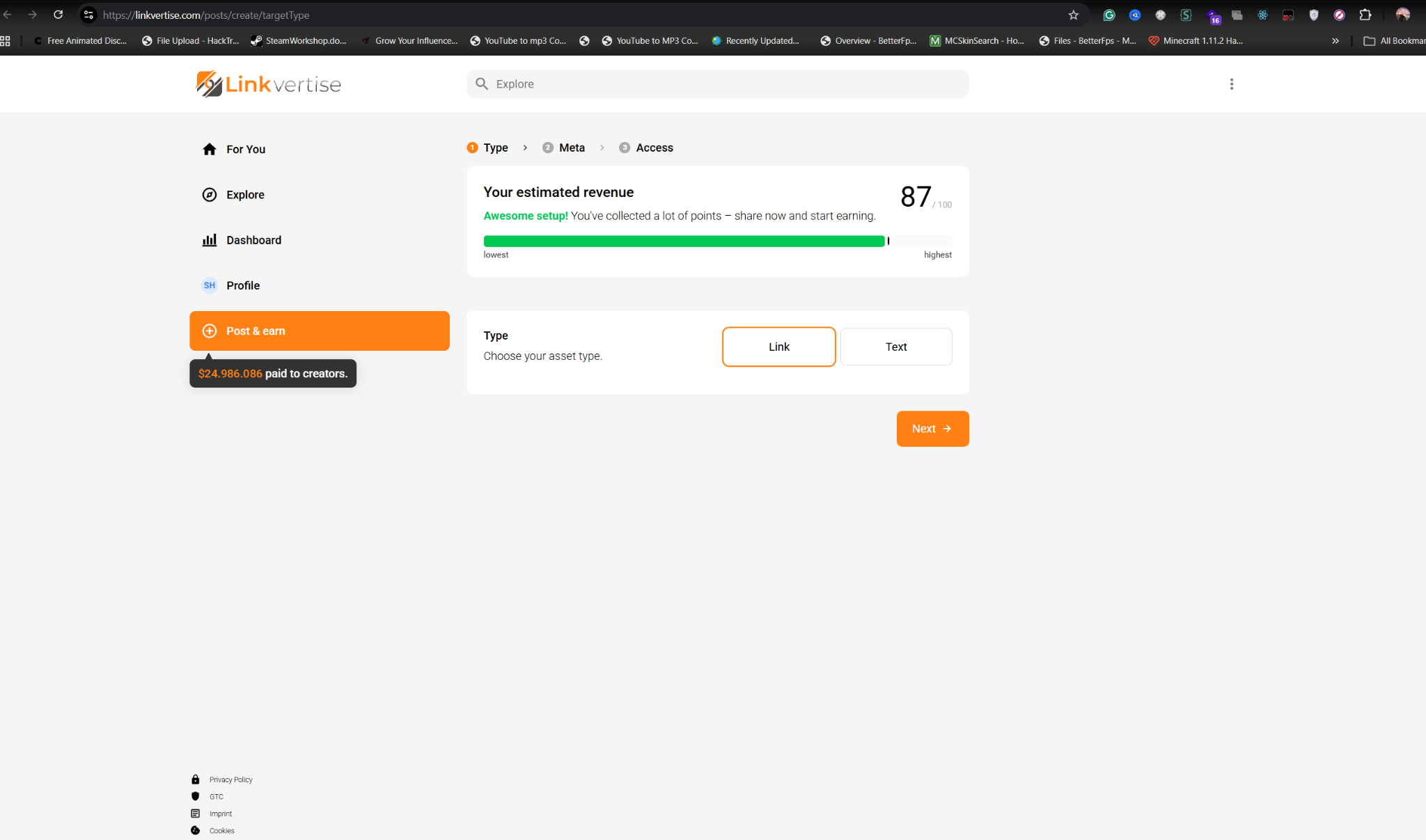 Click Post and earn to start a new link