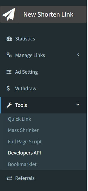 Developers API page in Shrinkearn