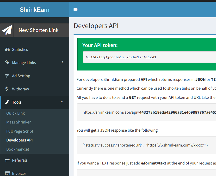 Copy the Shrinkearn API Token
