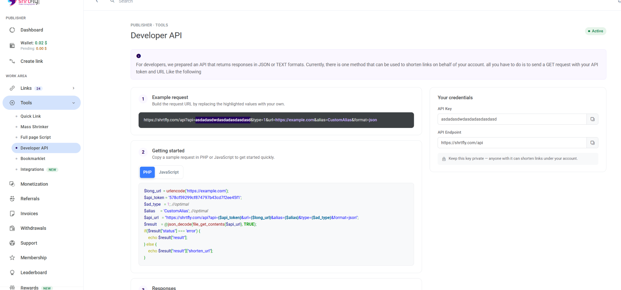 Copy the ShrtFly API Key