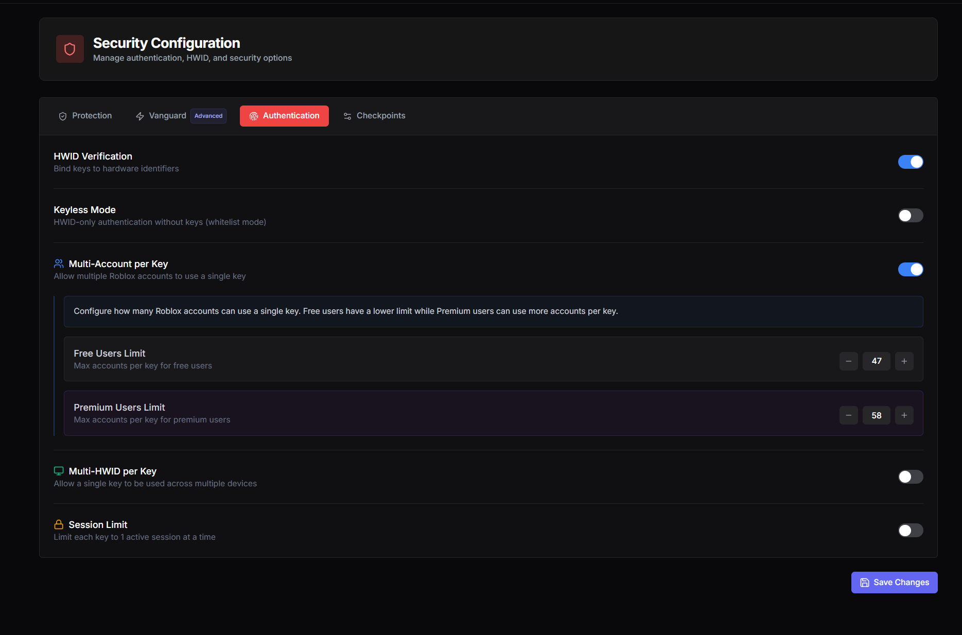 Security Configuration — Authentication tab
