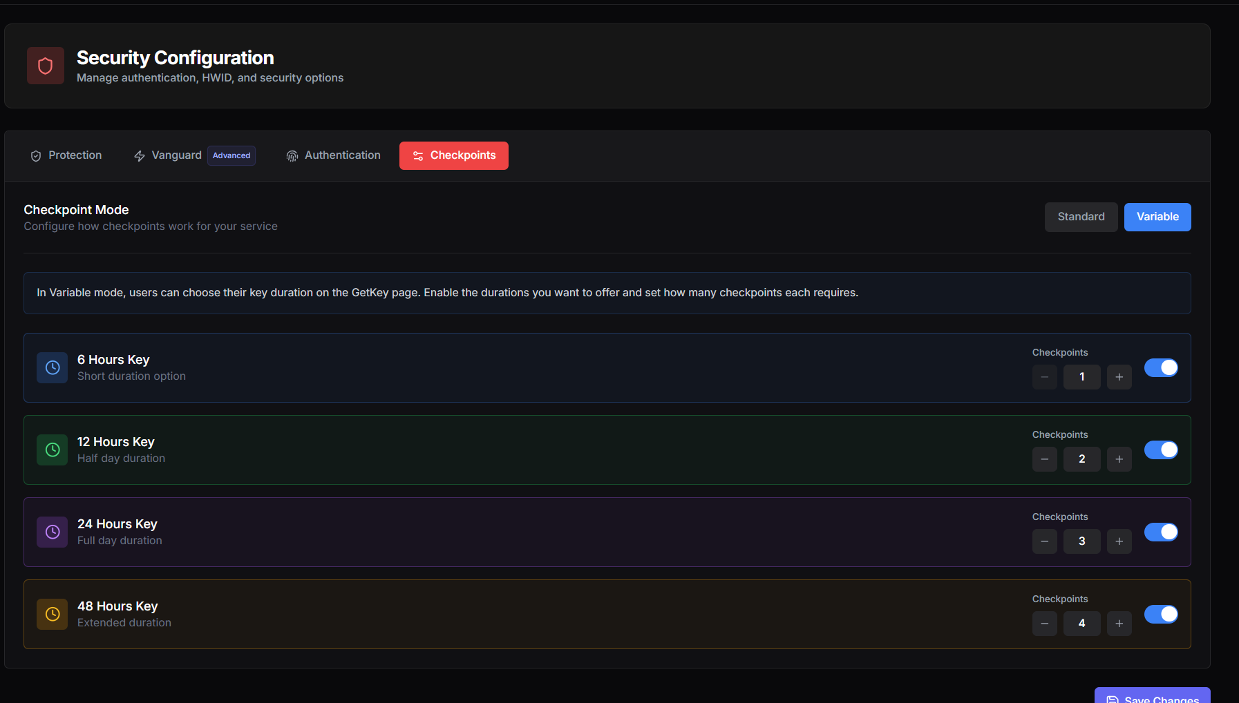 Security Configuration — Checkpoints tab