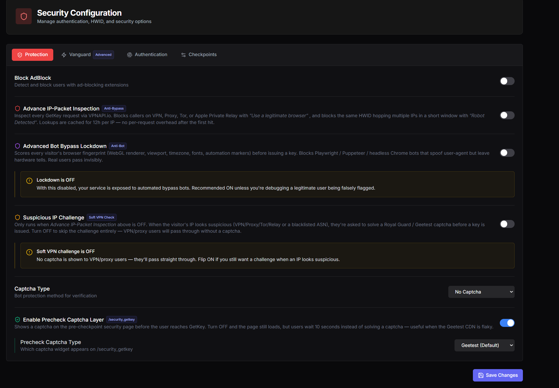 Security Configuration — Protection tab