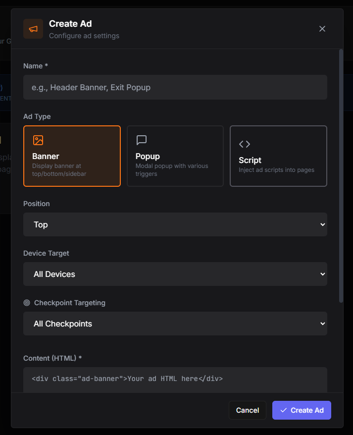 Service Ads form — paste your ad HTML