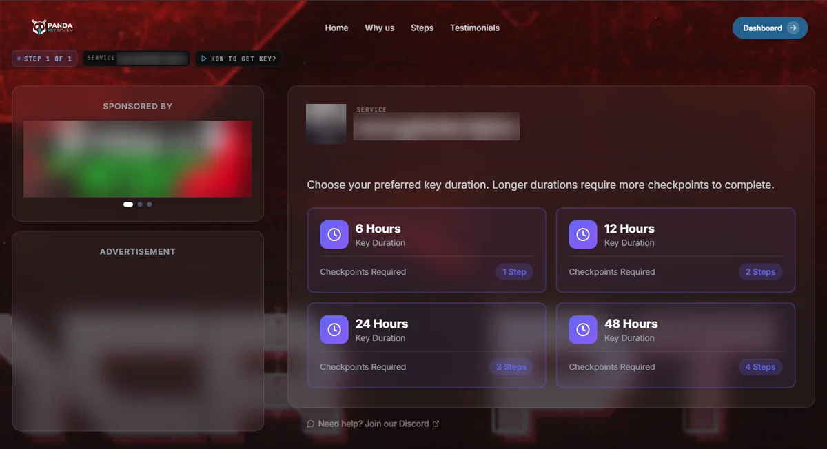 A Get Key page as users see it when they open the link. The service name, logo and sponsor banner are blurred here.