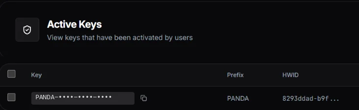 The Active Keys list, showing a redeemed key next to the HWID it is bound to.